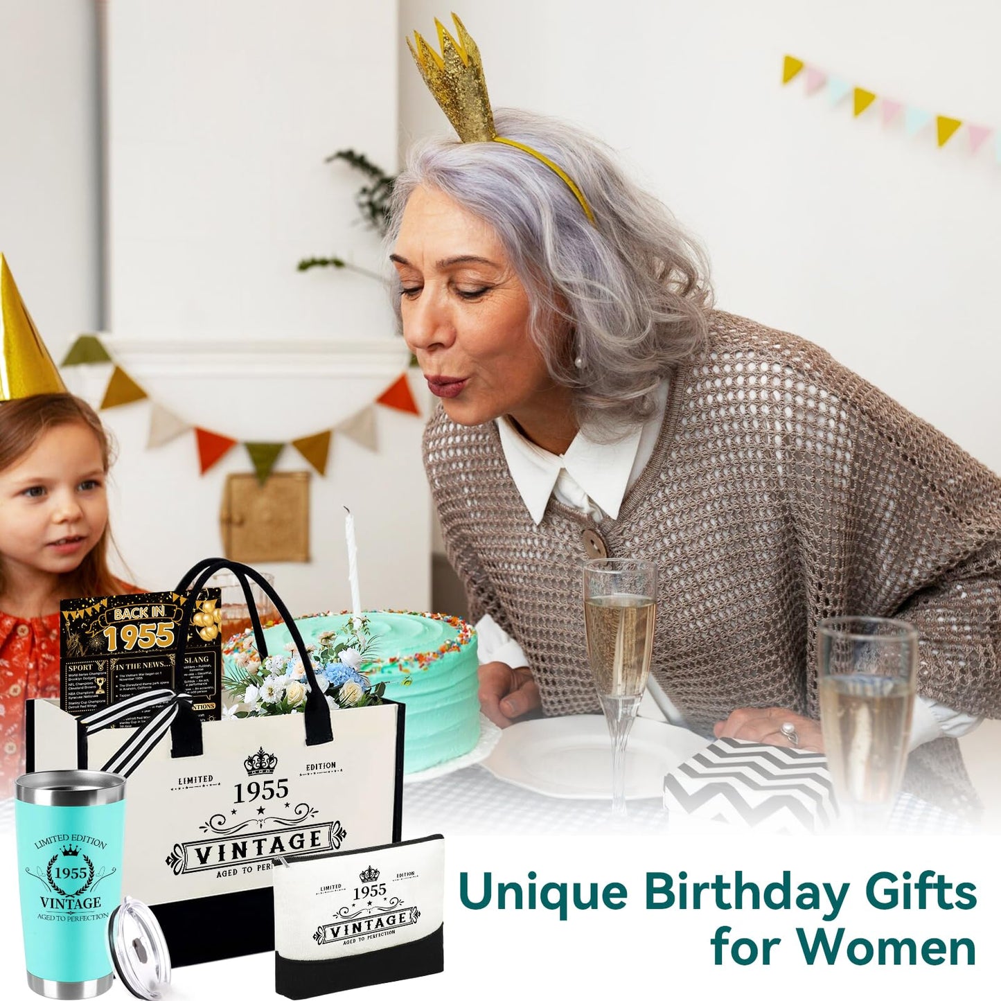 TrophyToast 70th Birthday Gifts for Women Her- 4 pcs, Turning 70 Year Old Gifts, Decorations Canvas Beach Tote Bag & Makeup Bag, Unique Happy 70th Birthday gifts for Her Mom Wife Friends
