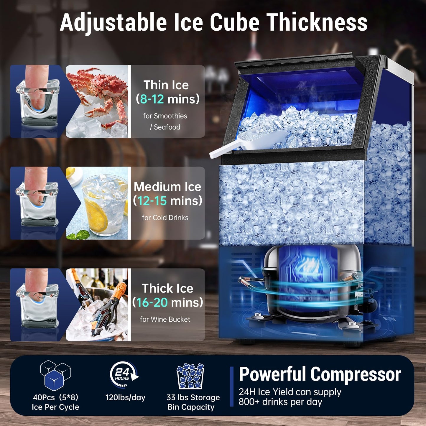 Amzgachfktch Commercial Ice Maker 120lbs/24H with 2 Water Inlet, Ice Maker Machine with 33lbs Storage, Auto Self-Cleaning, Under Counter/Freestanding Ice Maker for Home Shop Bar