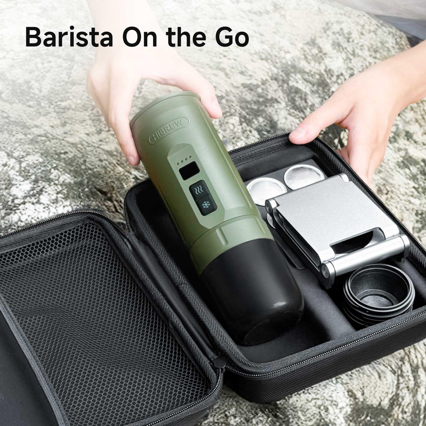 HIBREW H4C Explorer - Portable Electric Espresso Machine, USB-C Rechargeable Coffee Machine for Camping and Travel, Compact for Capsules & Ground Coffee, with Foldable Holder & Carrying Case (Green)