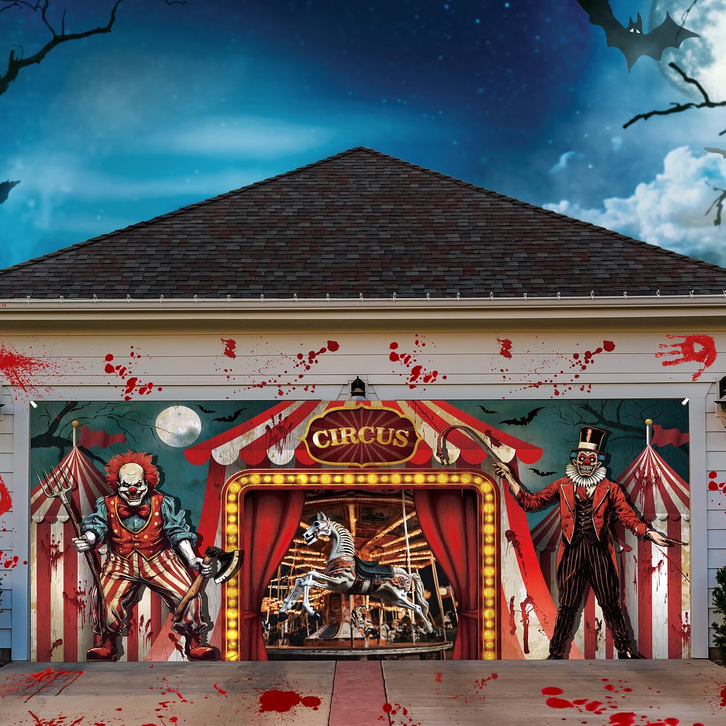 Tingjoo 7 x 16 ft Halloween Garage Door Decoration Banner Evil Circus Garage Door Decor Cover Halloween Backdrop Carnival Evil Circus Theme Backdrop Clown Background for Birthday Photography Party