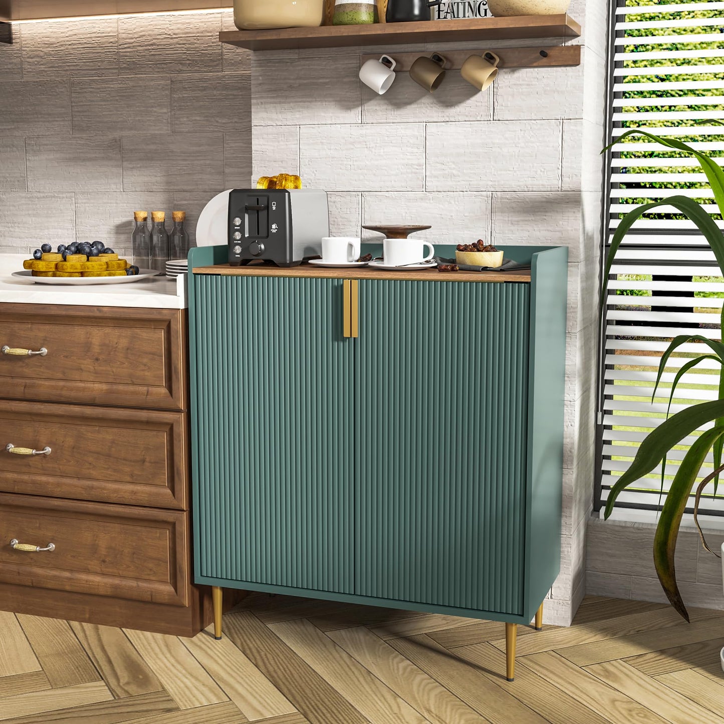 ARTPOWER Coffee Bar Cabinet with Wine Racks, Green Liquor Cabinet with Fluted Texture, Modern Sideboard Buffet Cabinet for Kitchen Dining Room, Living Room