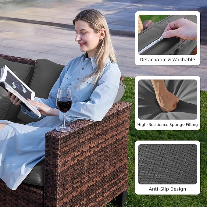 UDPATIO Patio Furniture Set with Fire Pit Table, Rocking Swivel Chairs, 5 Pieces Outdoor Furniture Sets, All-Weather Wicker Outdoor Sectional Sofa with Waterproof Cover, 4'' Thickened Cushion, Grey