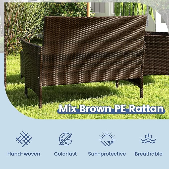 RELAX4LIFE 4-Piece Patio Furniture Set - Rattan Outdoor Conversation Bistro Set w/Cushions, Glass Coffee Table, Wicker Chairs & Loveseat for Garden Backyard Porch, Balcony Furniture Set (1, Navy)