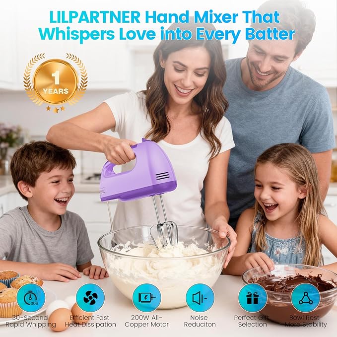 Hand Mixer Electric, Small Food Mixer 7 Speeds Handheld Blender,304 *(1* Whisk, 2* Beater, 2*Dough Hook) Kitchen Blender for Cream, Cookies, Dishwasher Safe, Purple
