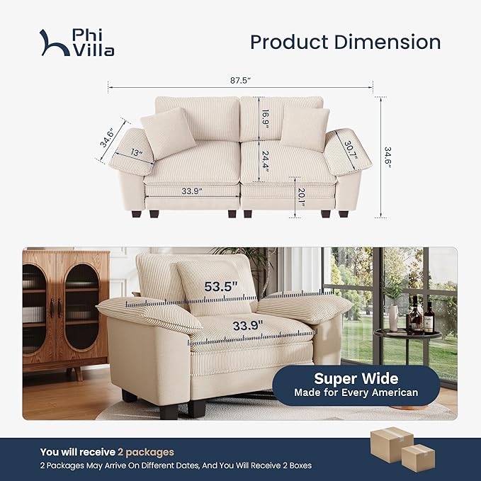 PHI VILLA Cloud Modular Couches Sets, 87.5" Sectional Loveseat Sofa with Upholstered Deep Seat, 2-Seater Comfy Couches for Living Room Bedroom, Chenille Corduroy Dual Fabric, Beige