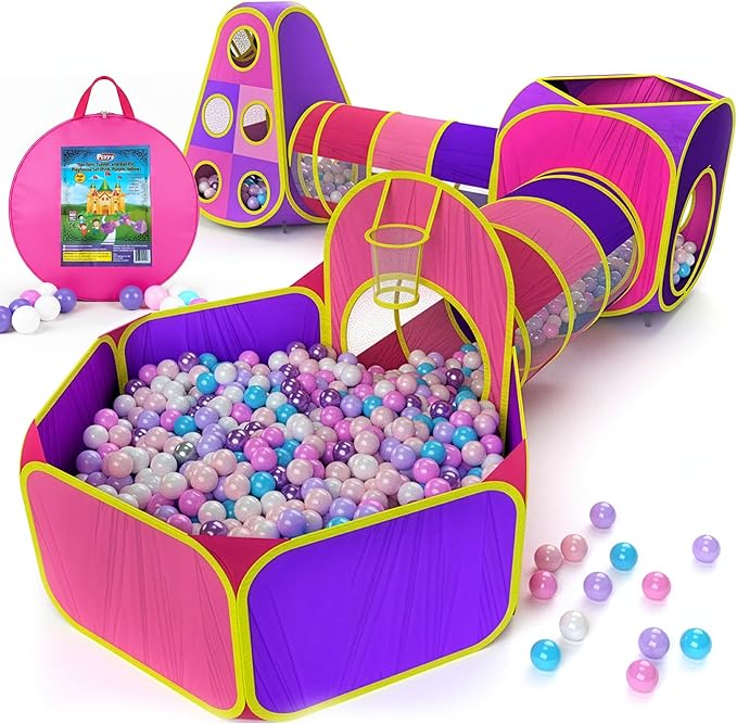 Playz 5pc Kids' Play Tents & Tunnels - Ball Pit for Toddlers, Basketball Hoop, Crawling Tubes, Pop-Up Playhouses, Baby Obs...