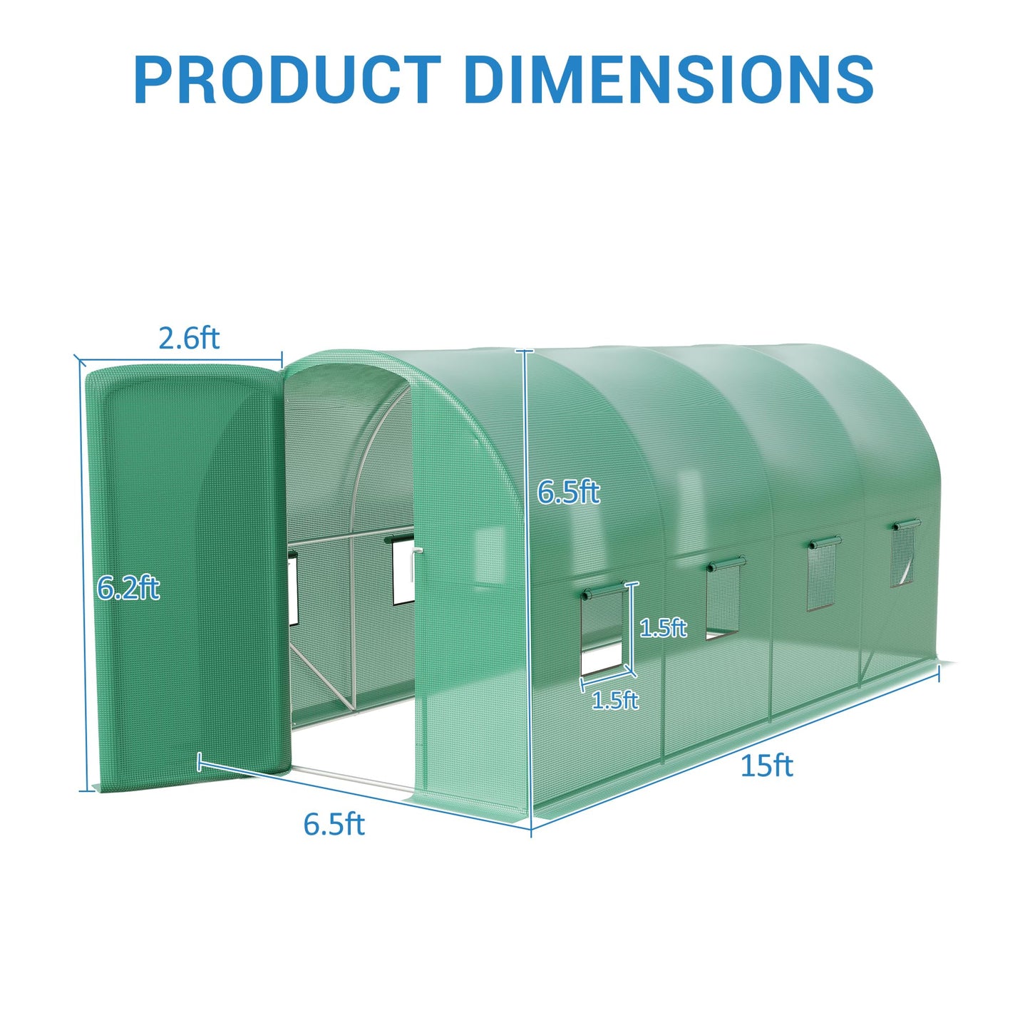 IDEALHOUSE 15X7x7 Ft Large Walk-in Outdoor Greenhouse with Swing Door and 8 Mesh Windows, Reinforced Galvanized Steel Frame, Durable PE Cover, Garden Greenhouse for Backyard Planting, Green