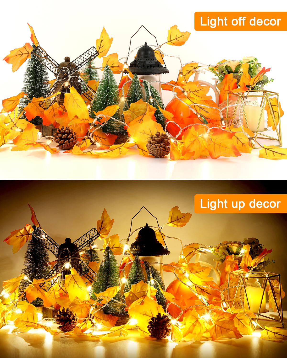 Luditek Fall Decor 3-Pack Fall Leaf Garland with Lights, Total 24.6ft 60 LED Halloween String Lights, Thanksgiving Decorations for Home Holiday Autumn Indoor Friendsgiving Gift