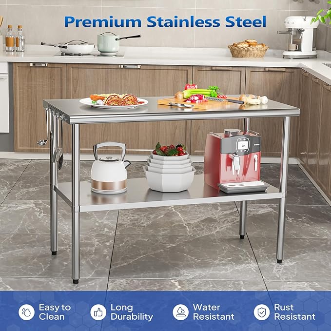 ROVSUN 48'' x 24'' Stainless Steel Table for Prep & Work,Commercial Worktables & Workstations, NSF Heavy Duty Metal Table with Adjustable UnderShelf for Kitchen, Restaurant, Home, Hotel, Outdoor