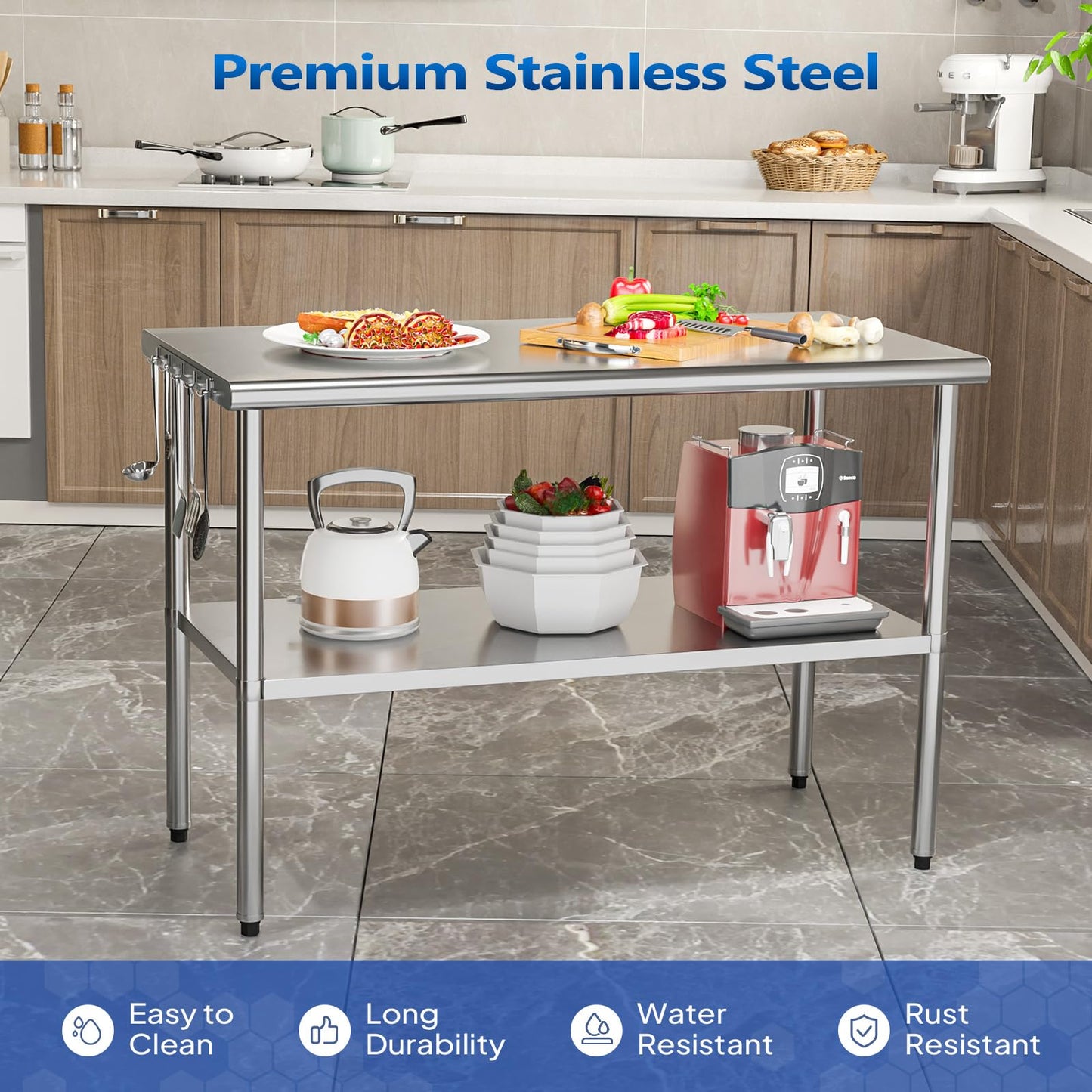 ROVSUN 48'' x 24'' Stainless Steel Table for Prep & Work,Commercial Worktables & Workstations, NSF Heavy Duty Metal Table with Adjustable UnderShelf for Kitchen, Restaurant, Home, Hotel, Outdoor