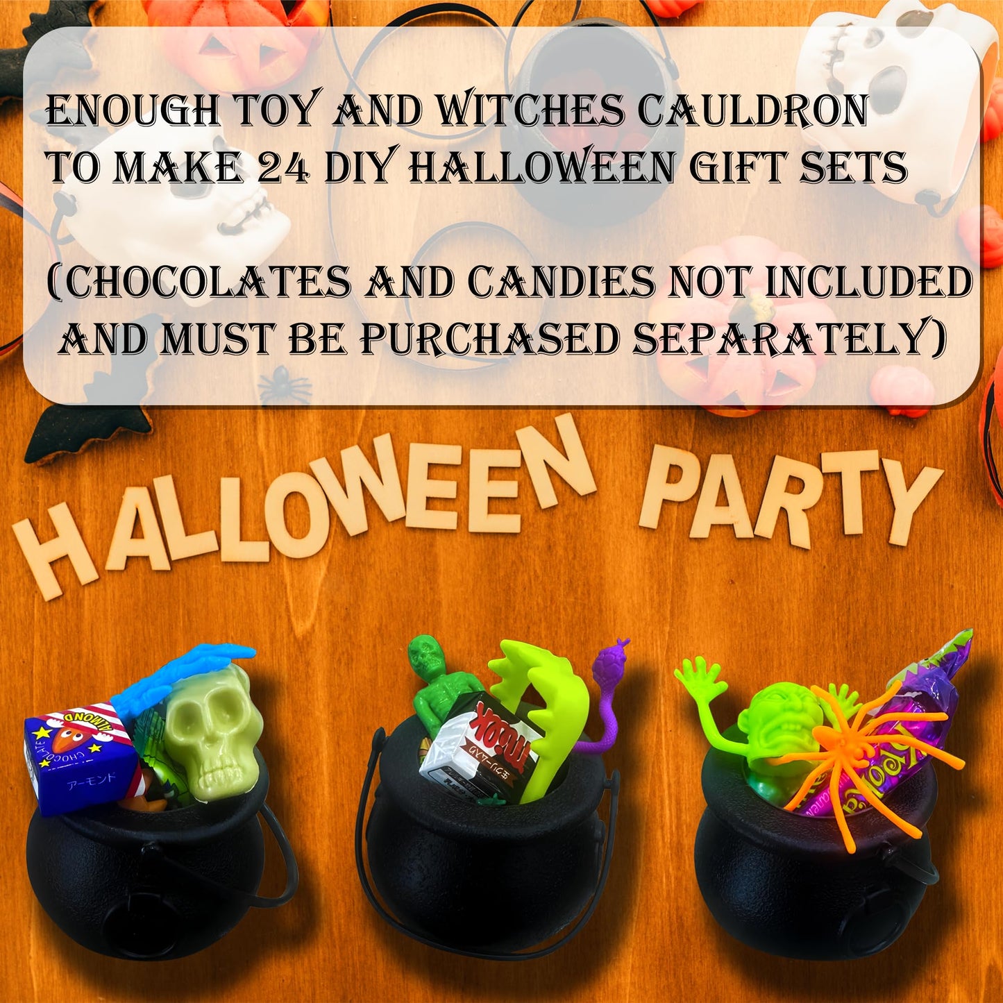 Grisofaa 24 Pack DIY Halloween Witch Bucket Treat Bags - 288 Pcs Halloween Party Favors with 264 Spooky Toys, Build Your Own Goodie Bags for Kids,Candy Bags & Gift Basket Stuffers