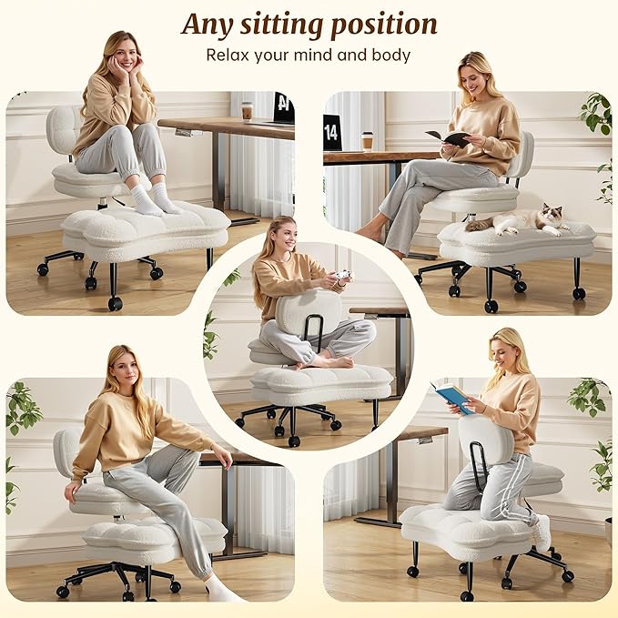 Ergonomic Cross Legged Office Chair, 360° Swivel Meditation Chair with Wheels, Kneeling Desk Chair with Height Adjustable Seat for ADHD,Relaxation, Home Office,Beige