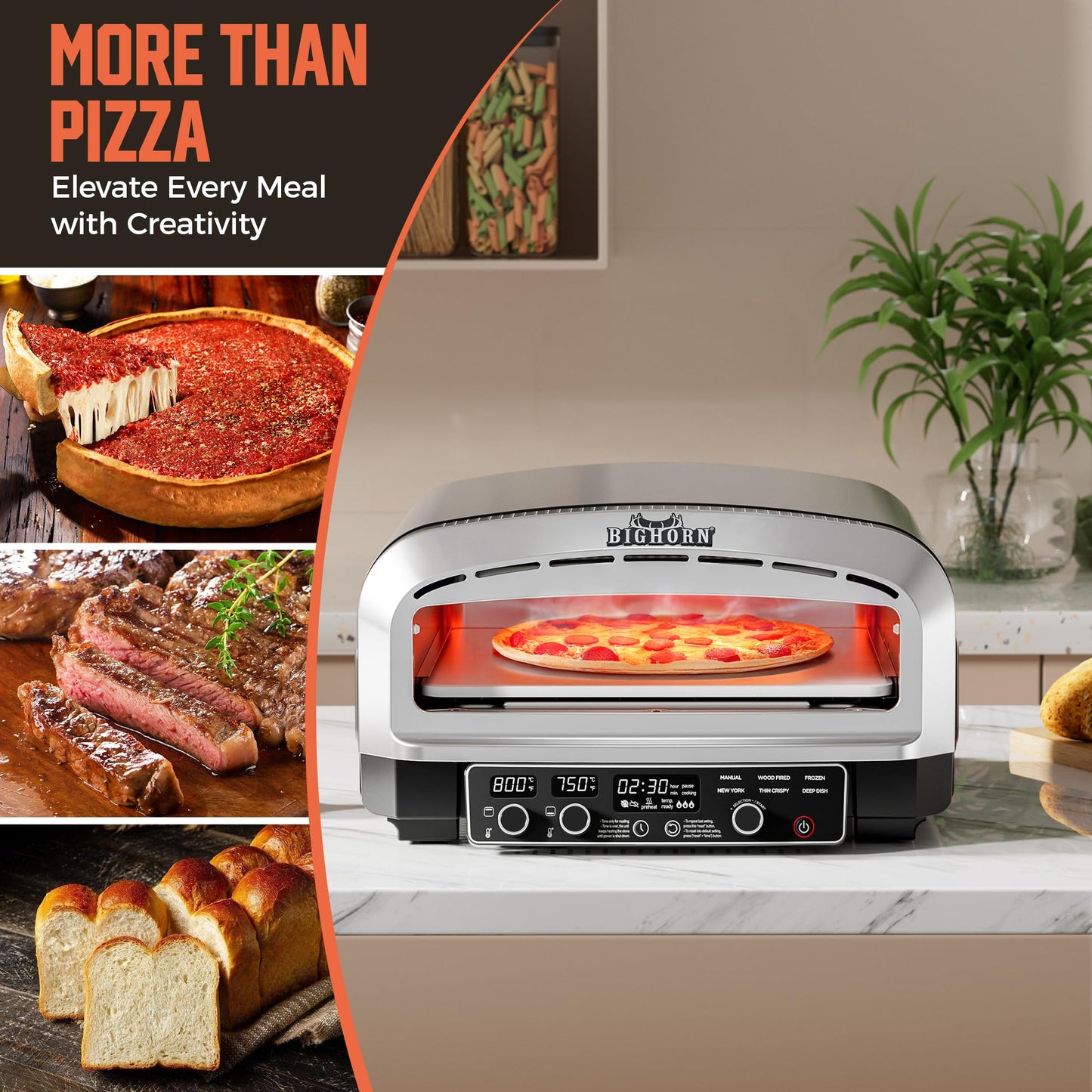 BIG HORN 14-Inch Indoor Pizza Oven, 850°F High-Heat Electric Countertop Pizza Oven for Restaurant-Style Artisan Pizza with Pizza Stone and Pizza Peel, PID Precision Temperature Control