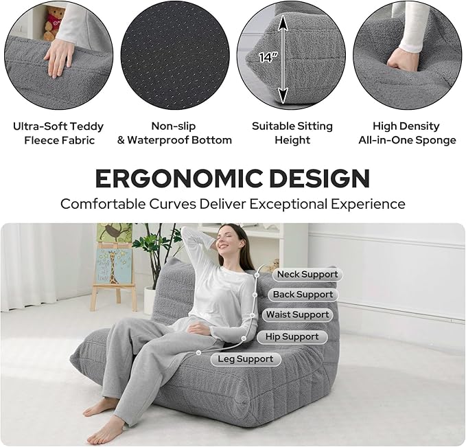 HABUTWAY Bean Bag Chairs Fireside Lazy Floor Sofa, Soft Teddy Fleece 2 Seater Sofa with High-Resilience Foam Filling，Beanbag for Living Room, Bedroom, Office (Light Gray Teddy)