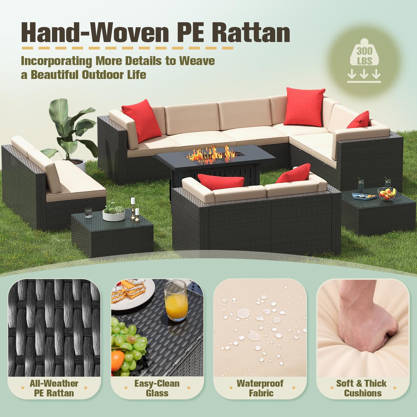 Greesum Patio Furniture 13-Pieces Outdoor PE Rattan Sectional Sofa w/43in Gas Fire Pit Table Sets 55000 BTU Add Warmth to Gatherings Parties On Deck Garden Backyard,Beige