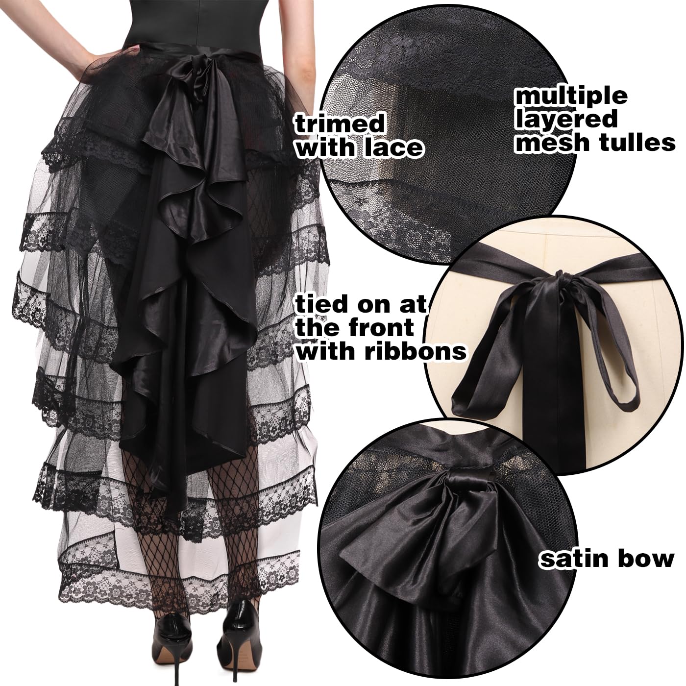 FURPHI Gothic Steampunk Tulle Bustle Skirt Victorian Tie-on Lace Tutu with Big Black Bow for Halloween(Medium)