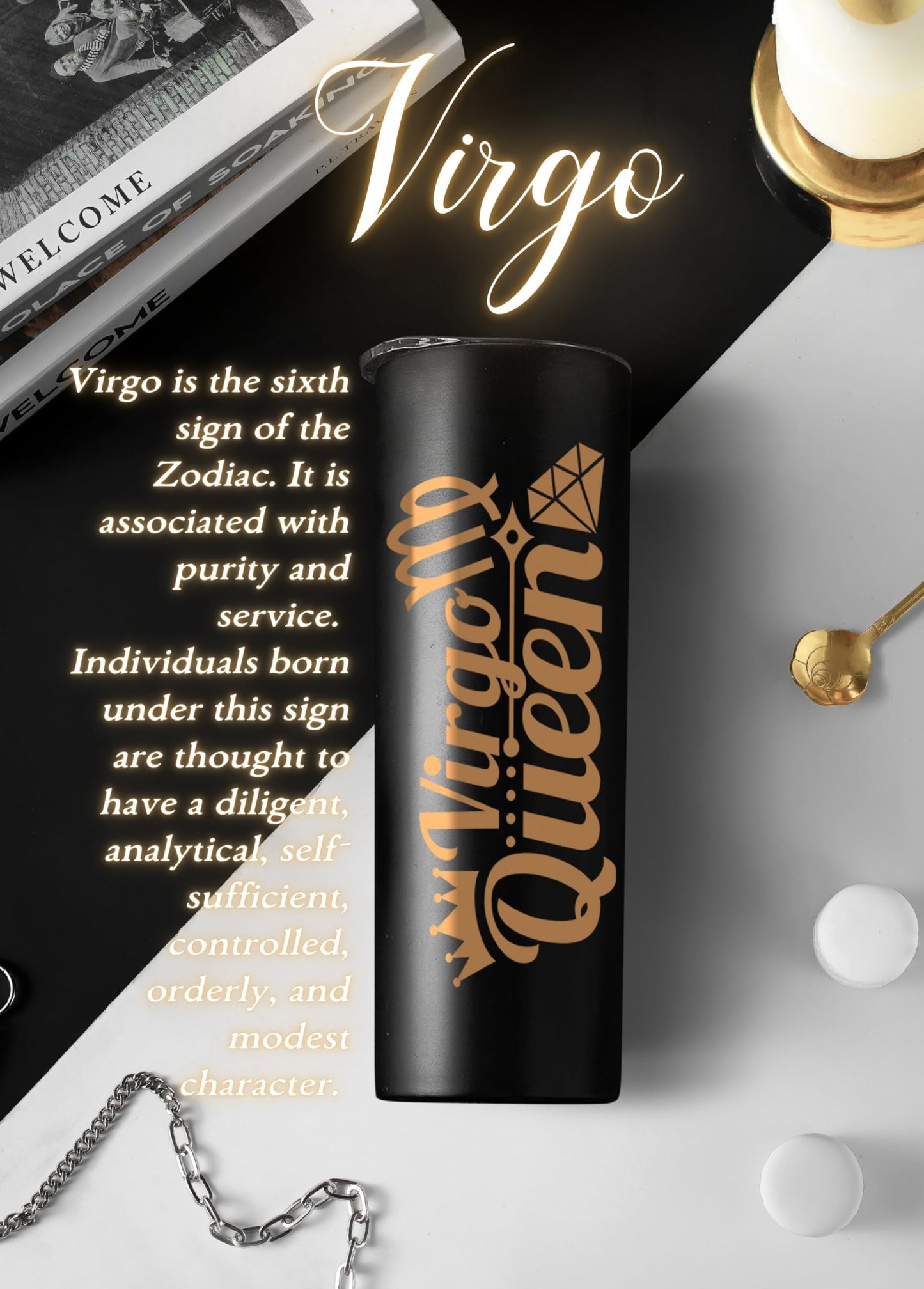 Onebttl Zodiac Gifts for Women, Best Friend Birthday Gifts for Her, 20oz Stainless Steel Tumbler, Printed Logo Black, Virgo