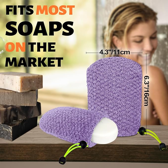 MIG4U Exfoliating Soap Bag for Shower 2 Pieces - Bar Soap Saver Pouch, Bamboo Body Scrubber Exfoliator Pocket in Travel Bathing, Purple