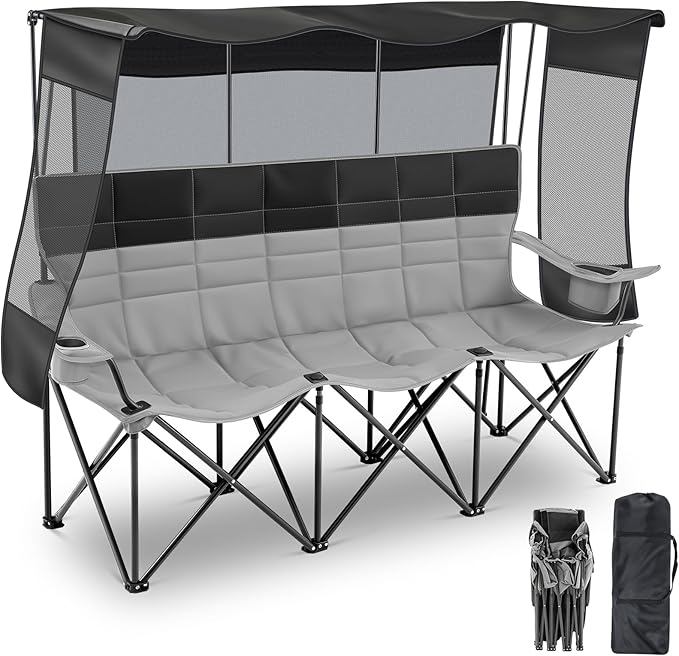 Teenyyou 3 Person Camping Chair with Canopy Shade Fully Padded Folding Outdoor Oversized Sofa, Heavy Duty Couch with Cup Holder and Carry Bag (Black and Grey,3 Person,Canopy Camp Chair)