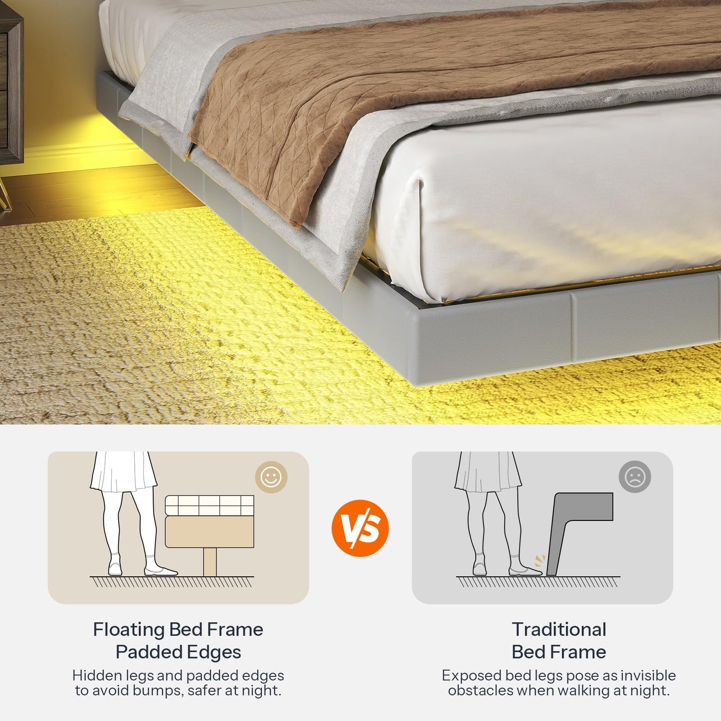 HOOBRO King Size Floating Bed Frame with LED Lights and Charging Station, Upholstered Platform Bed Frame King Size, Modern Metal Floating Bed Frame King, No Box Springs Needed, Grey