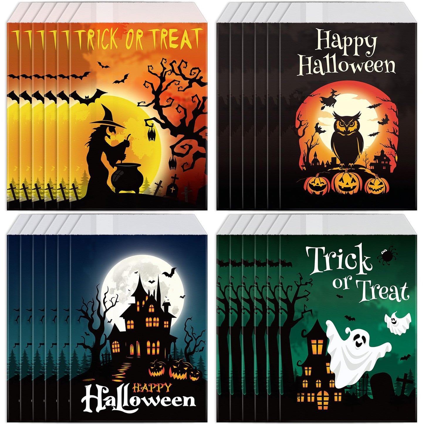 Nezyo 120 Pcs Halloween Treat Bags Halloween Paper Gift Bags Ghost Pumpkin Spider Candy Goody Pouches for Scary Holiday Party Chocolate Cookies Goodies Wrapping Supplies Decoration