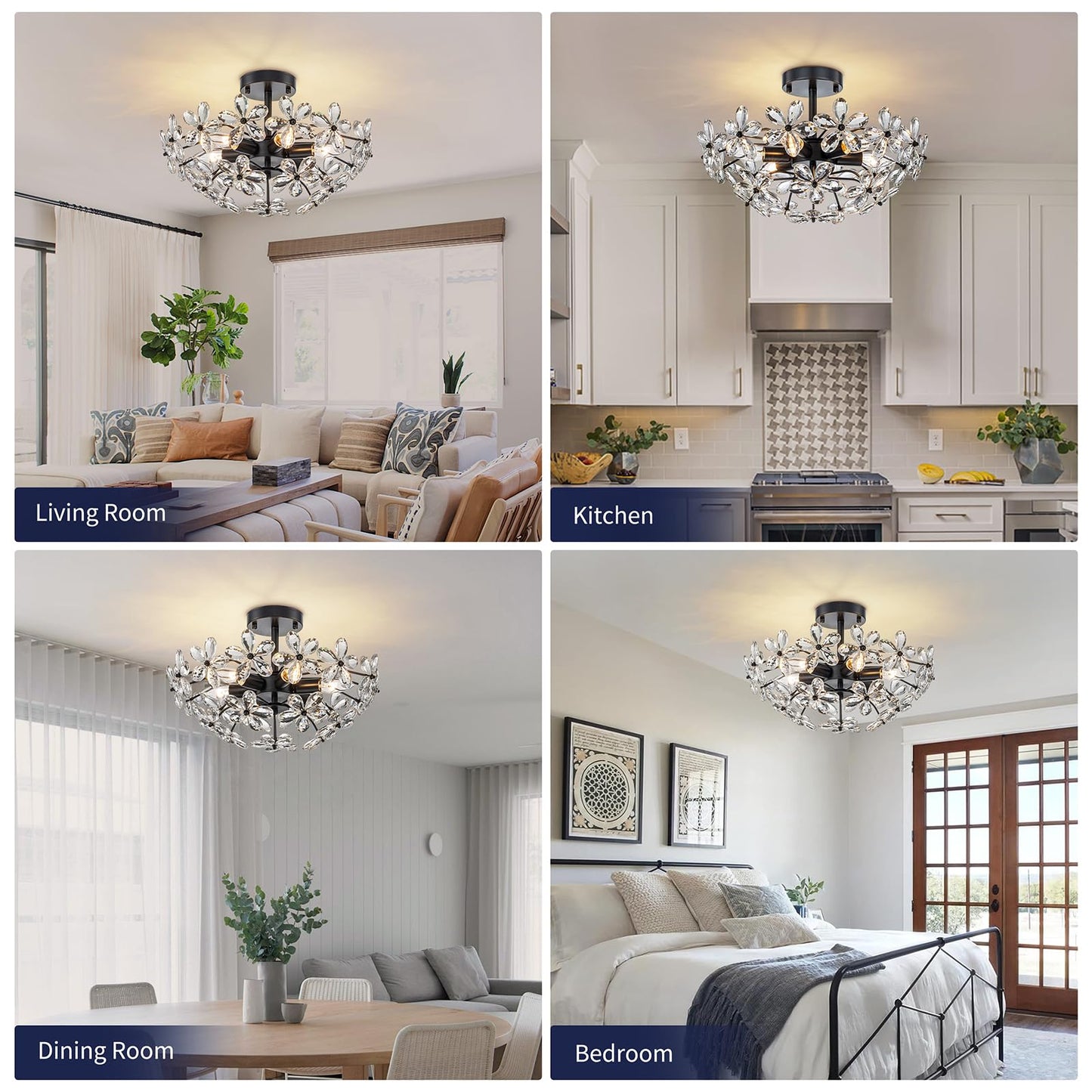 LOZOHOM Black Flower Ceiling Light,Crystal Closet Ceiling Light Fixtures,17.7" 6-Light Modern Flush Mount Chandelier for Bedroom Dining Room Hallway Living Room Entryway Foyer