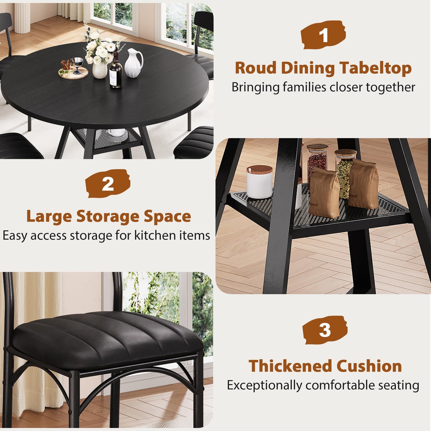 Round Dining Table Set for 4, Kitchen Table and Chairs for 4, Circle Table Round Pedestal Dining Room Dinner Dinette Table Set,5 Piece Space Saving Wood Kitchen & Dining Room Tables (Black, 47In)