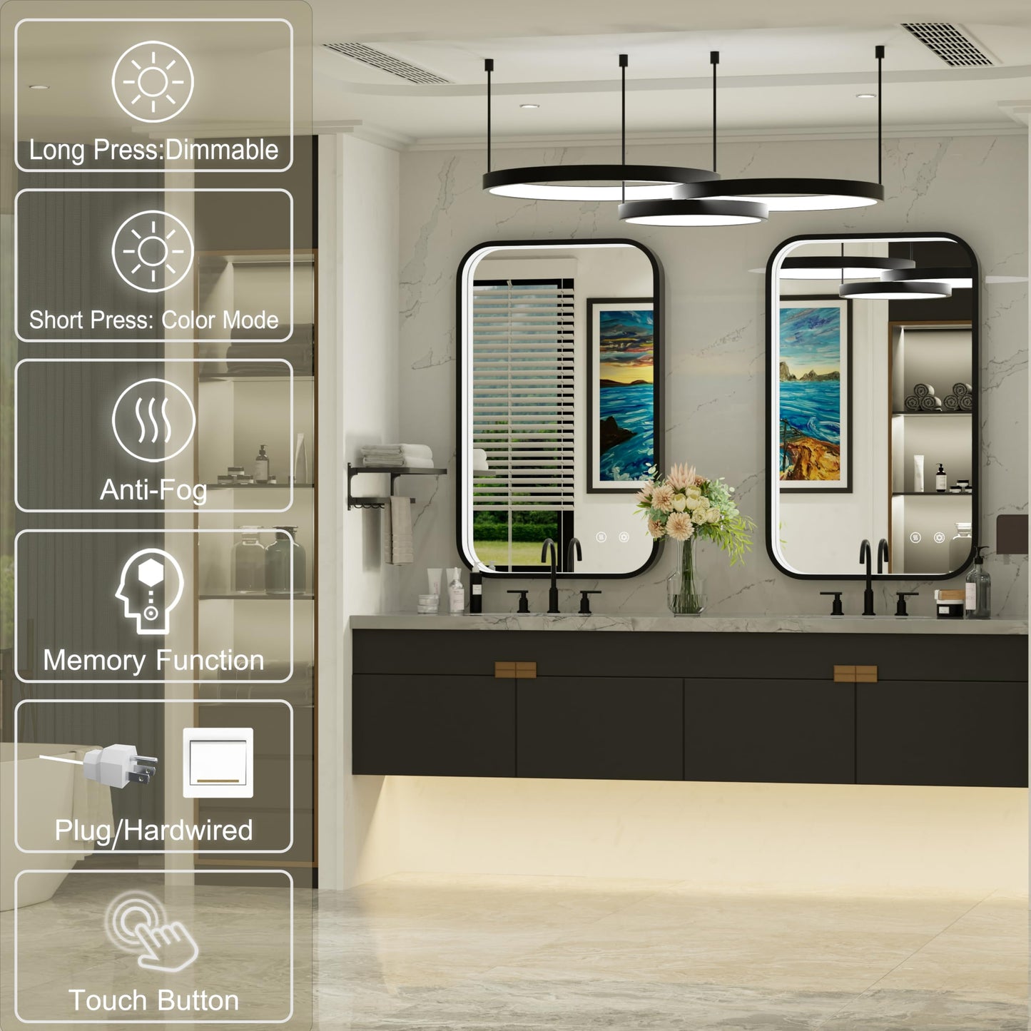 JSneijder 24x36 Inch LED Bathroom Mirror with Lights, 3000K/4500K/6000K, Wall Mounted Black Lighted Vanity Mirror for Bathroom, Stepless Dimmable, Memory Function, Anti-Fog, Horizontal/Vertical