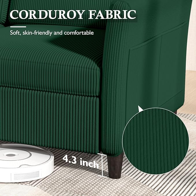 Valthie Convertible Sectional Sofa,Corduroy L-Shaped Couch with Reversible Storage Chaise,3-Seater Sofa with Side Pocket for Living Room,Bedroom and Office, 106.7",Green