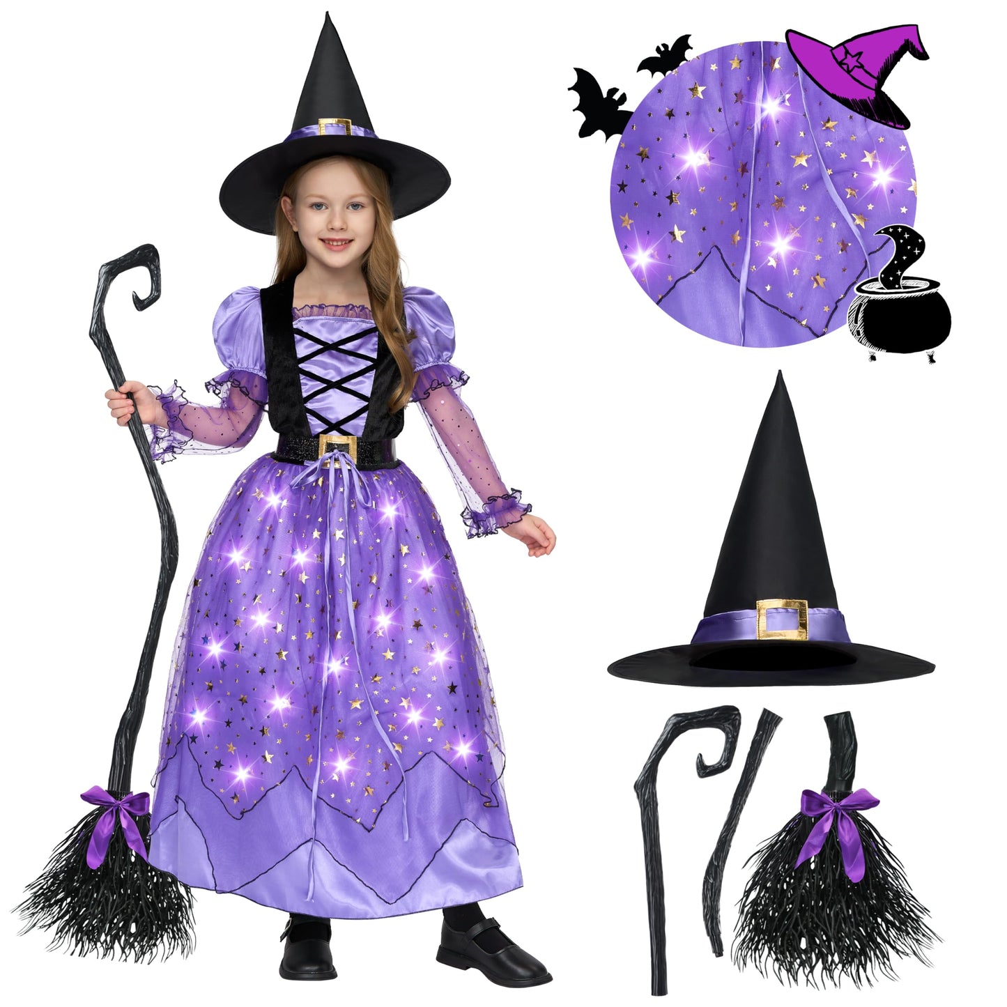 Spooktacular Creations Girls Witch Costume, Light up Witch Costume Kids, Starry Dress with Broom Belt Hat for Child Halloween Role Play Parties, S