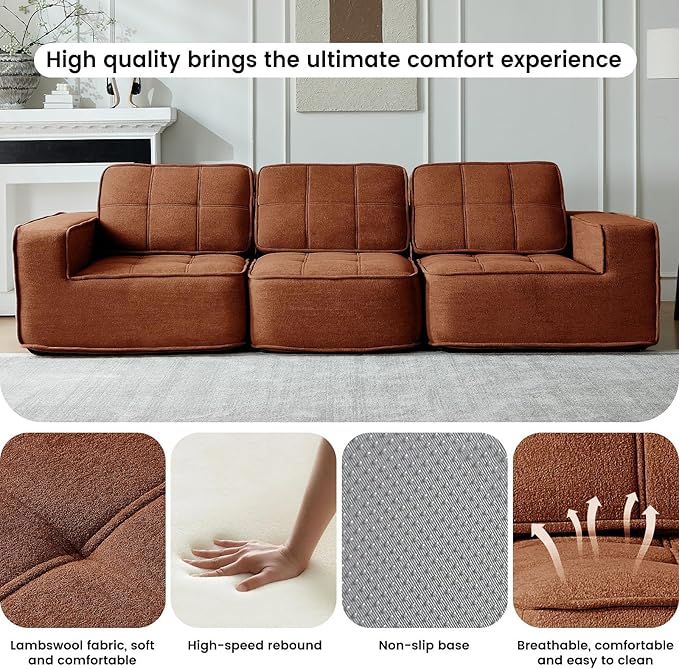 108" Boneless sectional Couch for Living Room,Convertible L-Shape Fleece Couches with Ottoman, Cloud Modular Sofa with Deep Seat for Bedroom, No Assembly, Orange