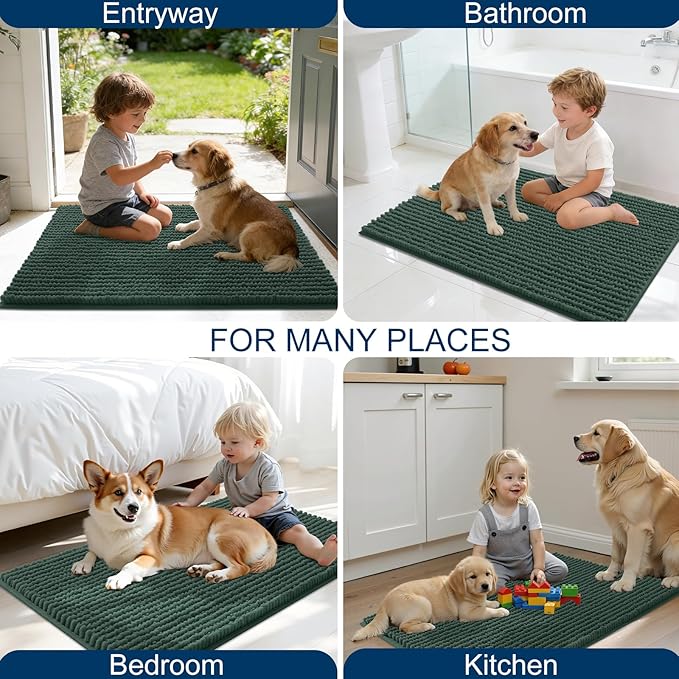 OLANLY Dog Door Mat for Muddy Paws 47x17, Ultra Absorbent Chenille Mud Doormat, Non-Slip Washable and Dirt Trapping Doormat for Indoor Entryway, Quick-Dry Indoor Pet Bed Mats for Dogs, Blackish Green