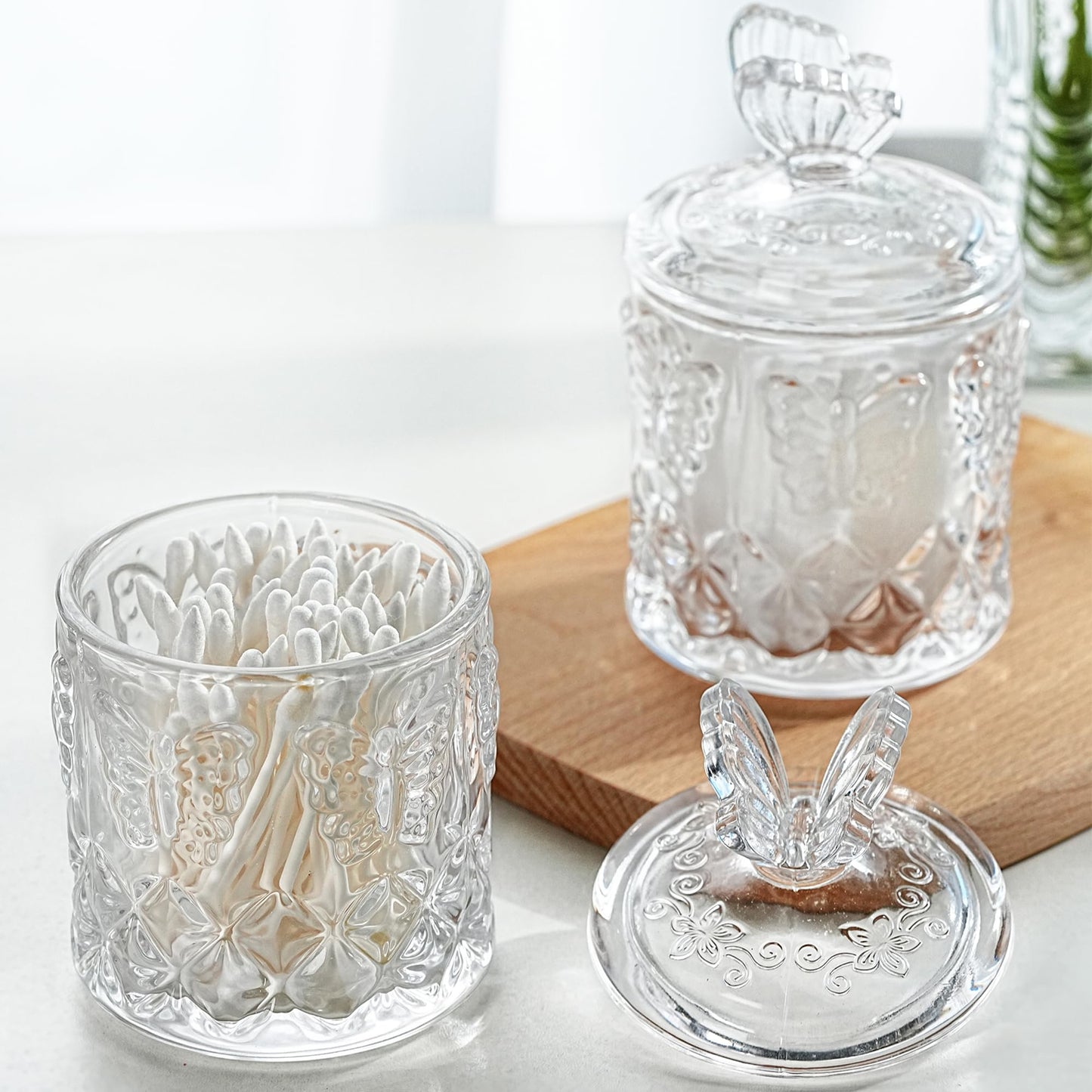 kanpura Qtip Holder Glass Apothecary Jars with Lid for Bathroom Decor Makeup Storage Canister for Cotton Swabs, Balls, Pads, Floss Picks, Candy, Jewelry, 7 OZ, 2 Pack, Clear