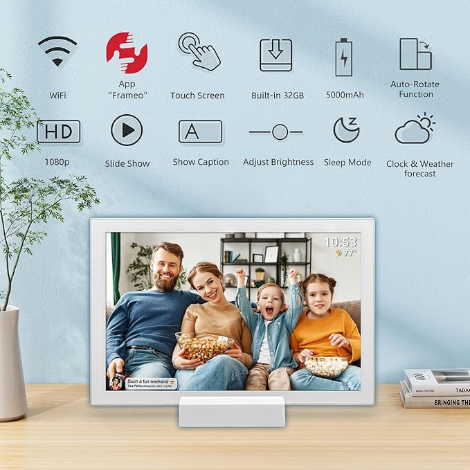 FRAMEO 10.1 Inch WiFi Digital Photo Frame with 5000mAh Battery,1280x800 HD IPS LCD Touch Screen,Auto-Rotate Portrait and Landscape,32GB Storage,Share Moments Instantly via Frameo App from Anywhere