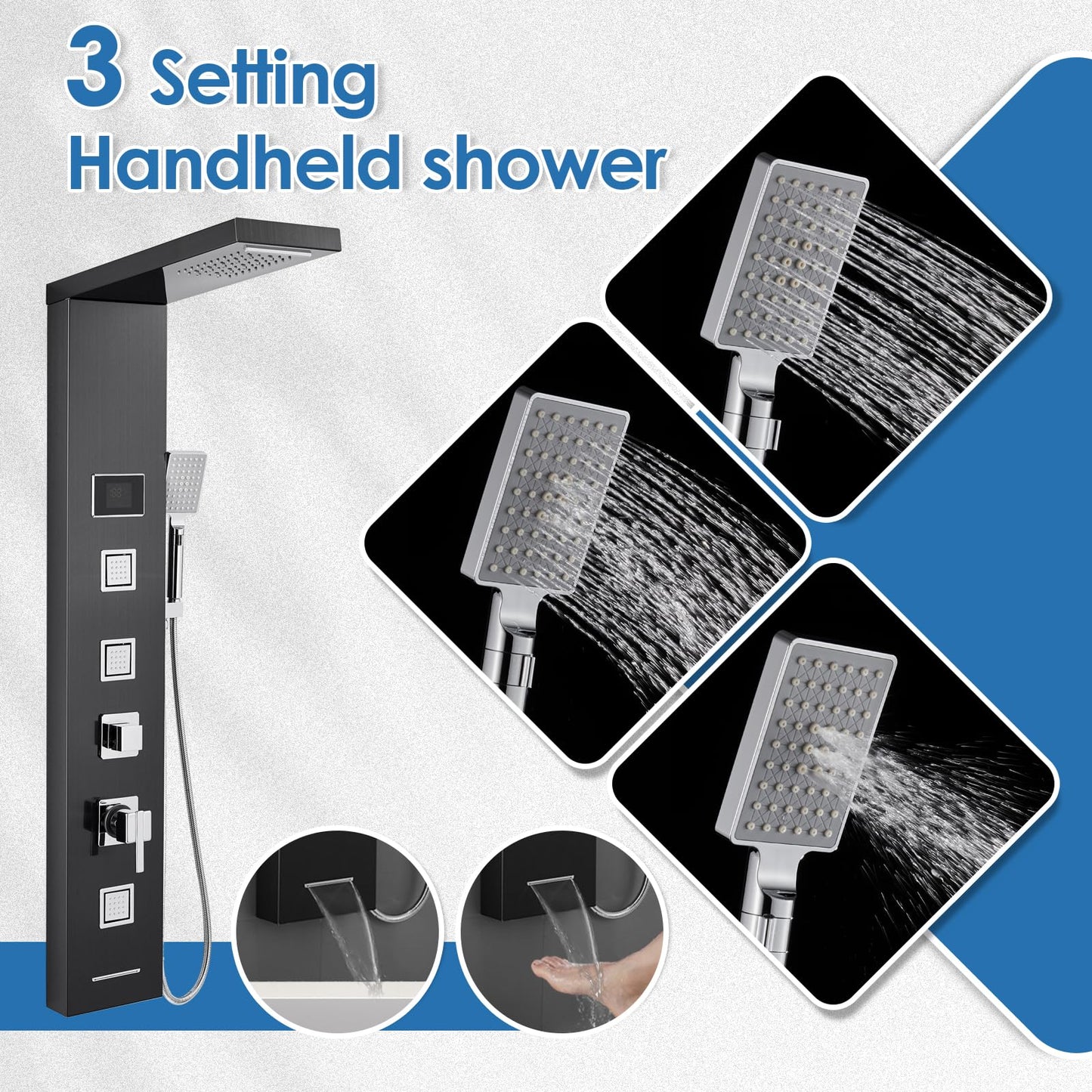 ROVOGO Shower Panel Tower System with LED Lights - No Battery Needed, Shower Column with Rainfall Waterfall Shower, Body Jets, Handheld Shower, Tub Spout and Temp Display, Black
