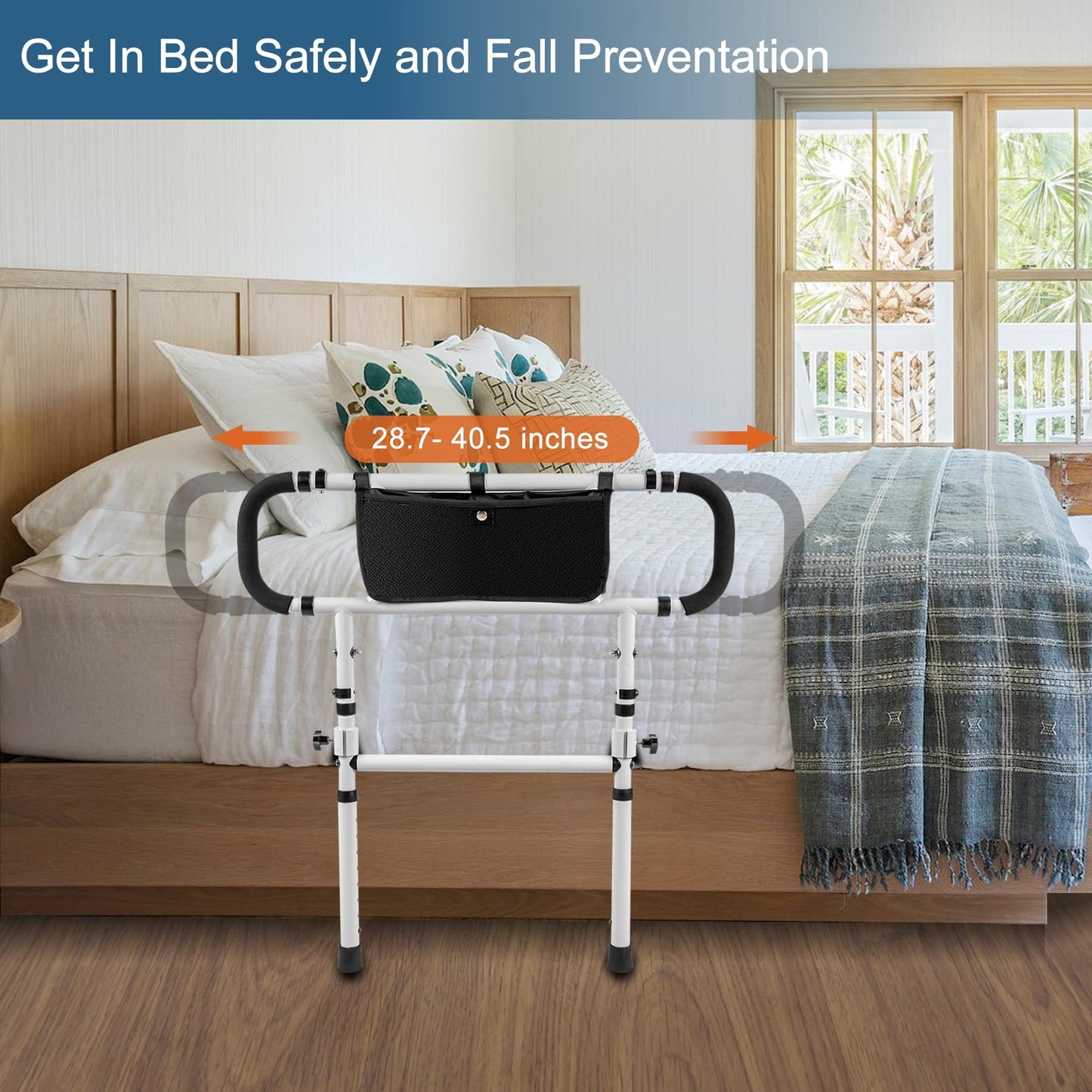 HEPO Bed Rails for Elderly Adults with Adjustable Heights & Extendable Dual Side Handles, Foldable Bed Assist Bar for Fall Prevention, Heavy Duty Bed Rail Fits King, Queen, Full, Twin Bed