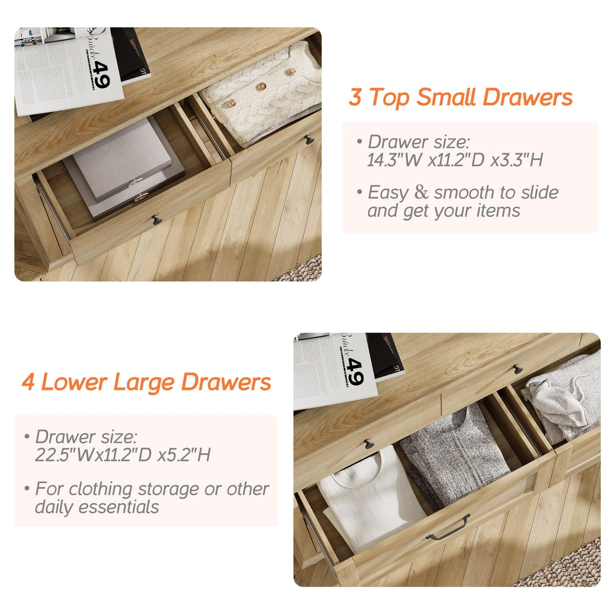 WAMPAT 3 Piece Bedroom Set - Includes 7 Drawer Dresser for Bedroom, Set of 2 Night Stands with Charging Station & Drawers, 3 Piece Dresser and Nightstand Sets, Oak
