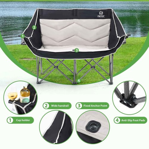 Nice C Loveseat Camping Chair, Double Camping Chair, Outdoor Camping Couch, Oversized Camping Loveseat, Padded Folding Chair for Adults, with Cooler Bag, Wine Glass Holder (Black&Grey)