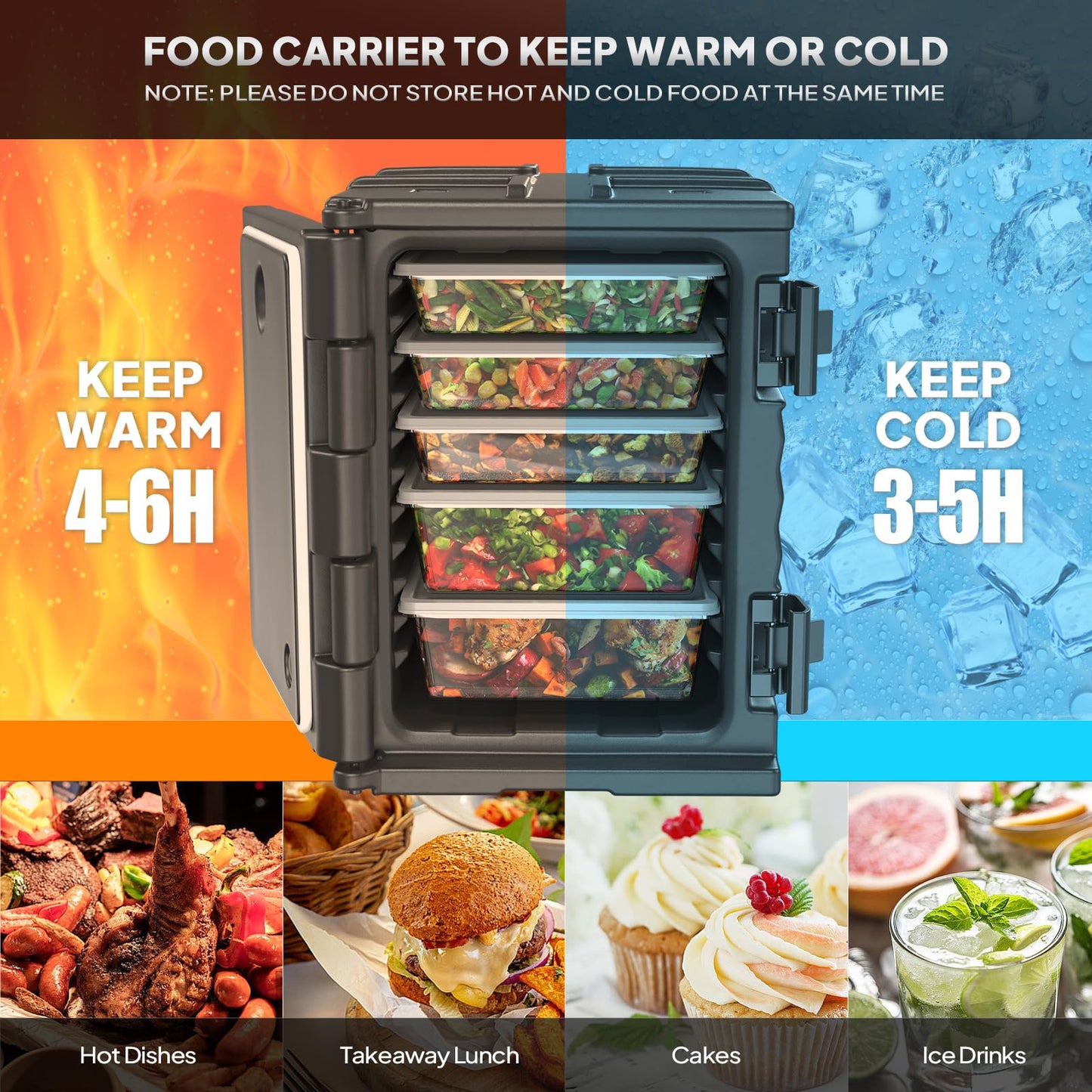 ROVSUN Hot Box Food Warmer 82 QT, Insulated Food Pan Carrier for 5 Full-Size Pan w/Wheels Double Buckles and Handles, Stackable Hot Boxes for Catering Restaurant Canteen Family Party