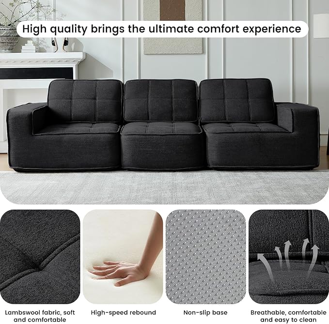 108" Boneless sectional Couch for Living Room,Convertible L-Shape Fleece Couches with Ottoman, Cloud Modular Sofa with Deep Seat for Bedroom, No Assembly,Black