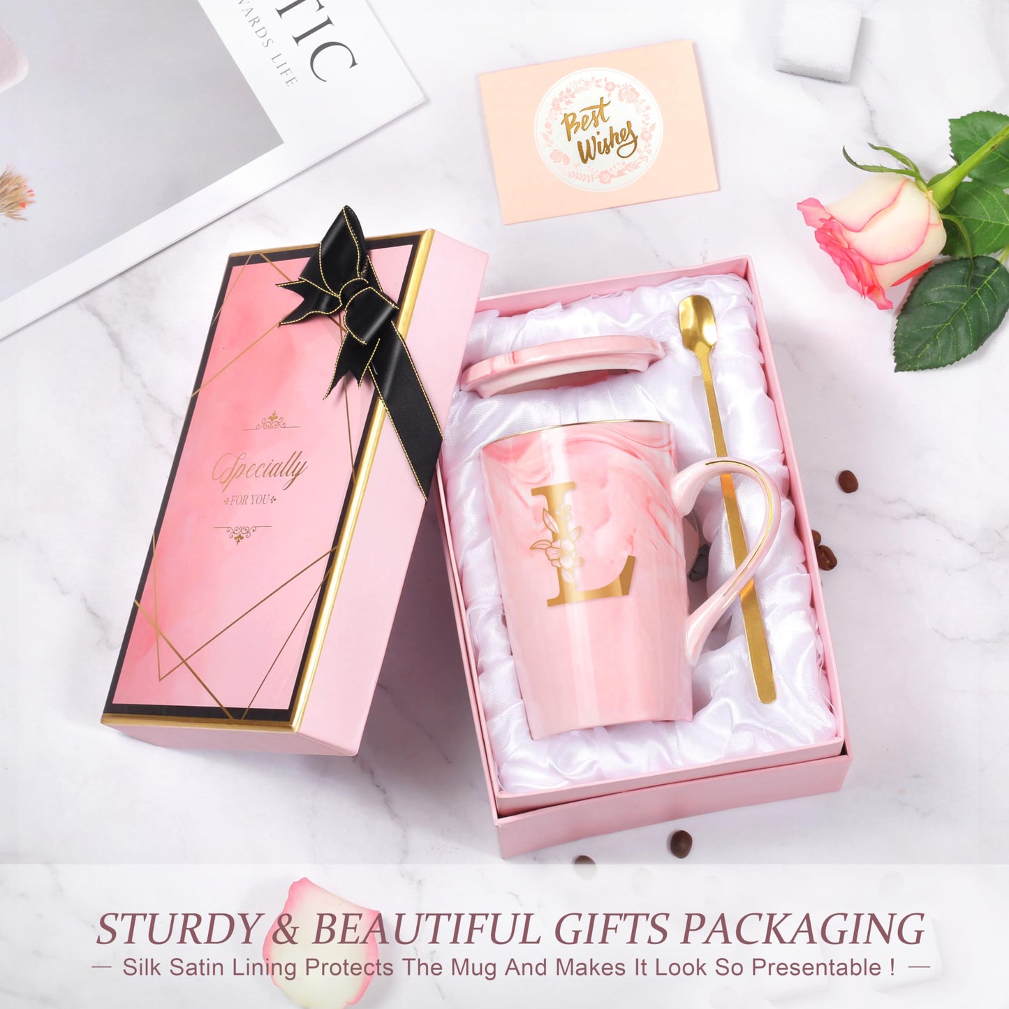 Coffee Mugs - Personalized Gifts for Women, Initial Customized Gift Ceramic Marble Cups 14 Oz Pink, Luxury Birthday Christmas Mother's Day Gift for Her Mom Grandma Girlfriend Friend Unique,L