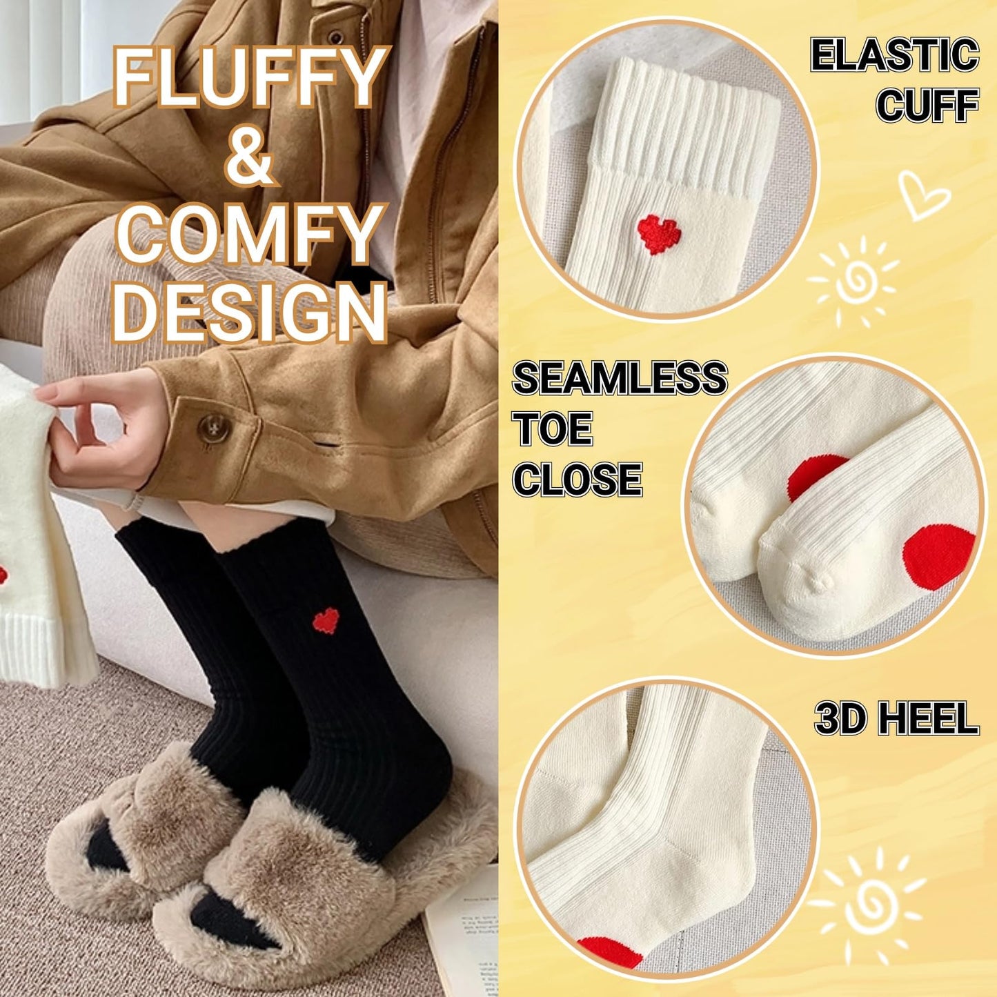 Heart Socks Women Fuzzy Socks Smiling Face Warm Cozy Soft Ankle Socks Fluffy Thick Winter Home Barefoot Crew Socks (4Pairs[White Heart+Black Heart+White Smiling Face+Black Smiling Face])