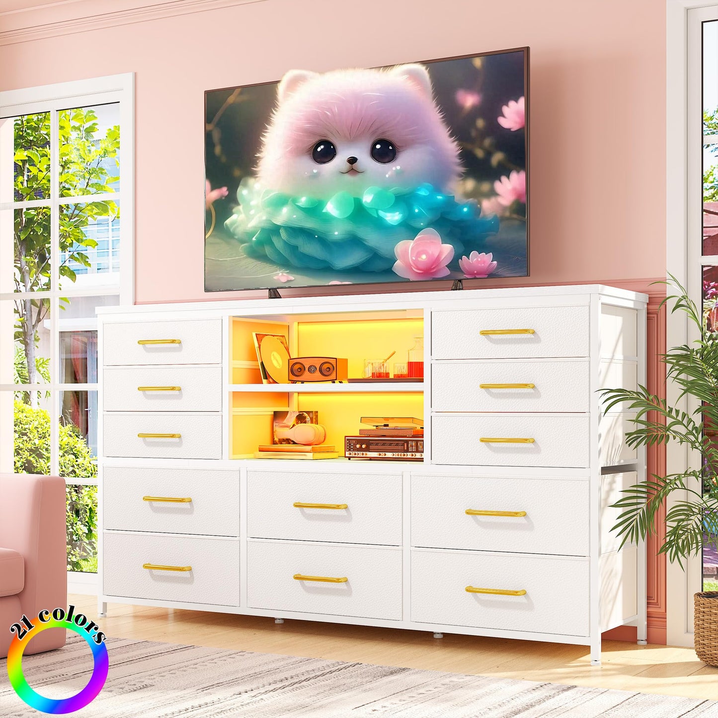 EnHomee White Dresser for Bedroom with 12 Drawers, Fabric Bedroom Dresser with LED Lights & Power Outlets Long Dressers & Chest of Drawers, Sturdy Metal Frame for Closet, Living Room, Hallway