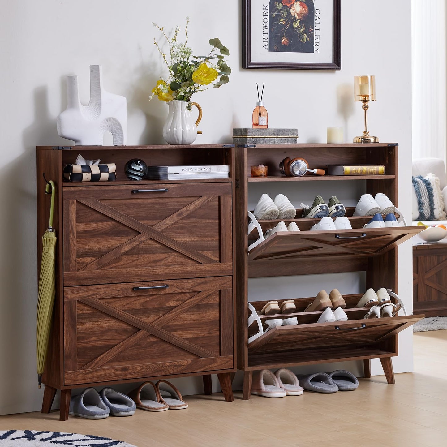 Joaxswe Shoe Storage Cabinet for Entryway with 2 Flip Drawers, Farmhouse Shoes Organizer with Wood Legs, Narrow Hidden Shoe Rack with Open Storage Shelf, Slim Shoe Closet for Hallway, Brown Walnut