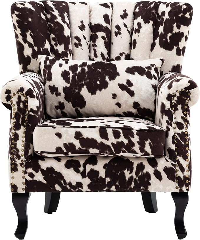 DM Furniture Cow Print Accent Chair Modern Velvet Armchair Tufted Wingback Club Chair Single Sofa Lounge Side Chair with Pillow for Living Room Bedroom, Cow