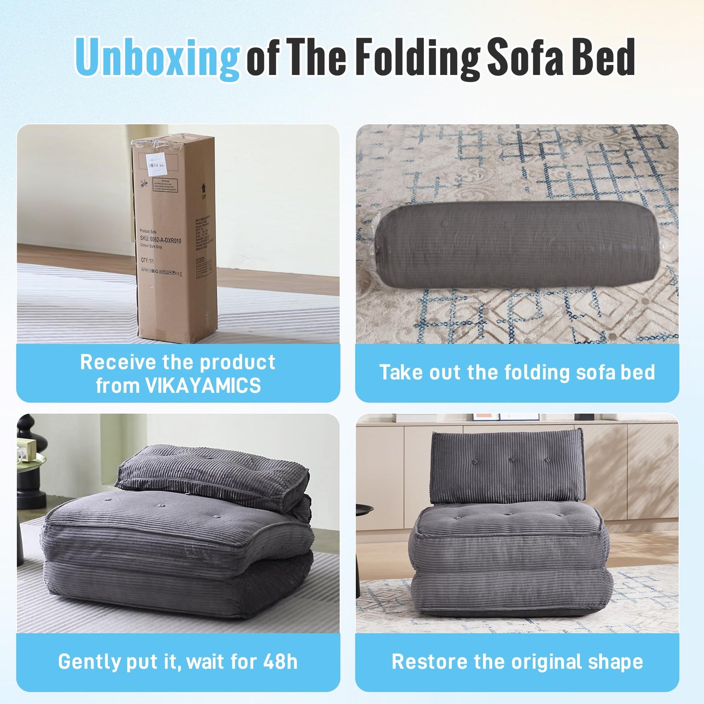 VIKAYAMICS Convertible Sleeper Chair Folding Sofa Bed 33” with Pillow Futon Boneless Couch with Back Support Small Couch for Living Room(Grey)
