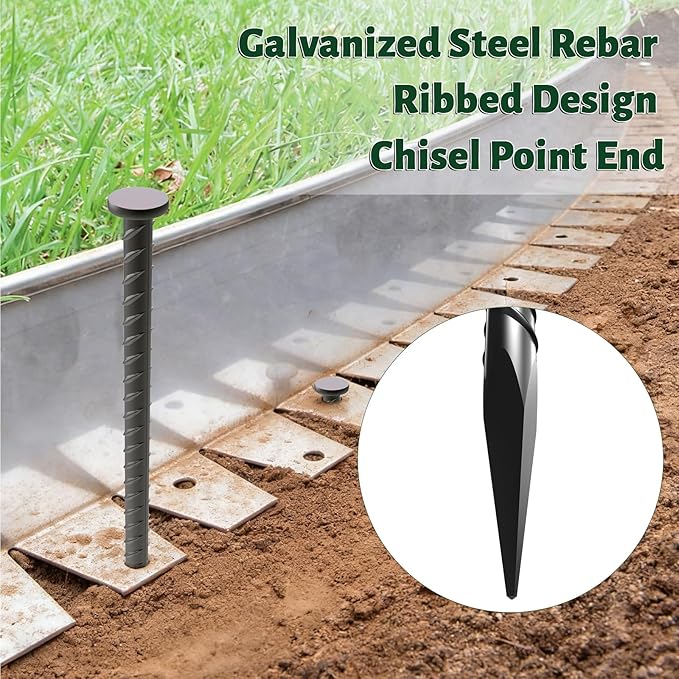 EUOKOK 16 Inch Rebar Stakes - 1/2 Inch Diameter Galvanized Steel Ground Anchors Plant Support Metal Garden Stake Heavy Duty Anchoring Spikes for Speed Bump, Parking Curb and Camping Tent (10 Pack)