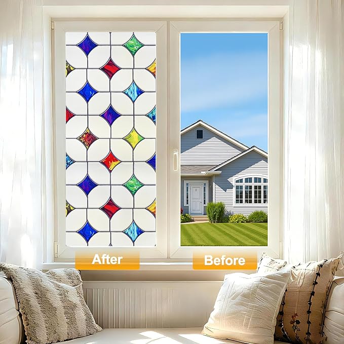 Stained Glass Window Film - Non-Adhesive Colorful Privacy Film | Privacy Protection, Reusable & Renter Friendly | Perfect for Bedroom/Bathroom Room Decor (Frosted Mosaic, 23.6 x 78.7 in)