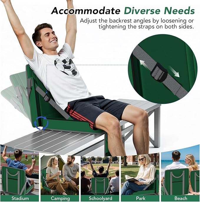janiry Stadium Seats with Back Support 2PACKS Adjustable Bleacher Chairs with Back and Cushion Bleacher Seat with Cup Holder, Carry Handle & Shoulder Strap for Outdoor Sports Events, Picnics, Beaches