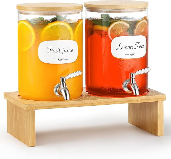 2 PCS 1 Gallon Glass Drink Dispenser for Parties. 2 Glass Beverage Dispenser with Bamboo Stand,18/8 Stainless Steel Spigot...